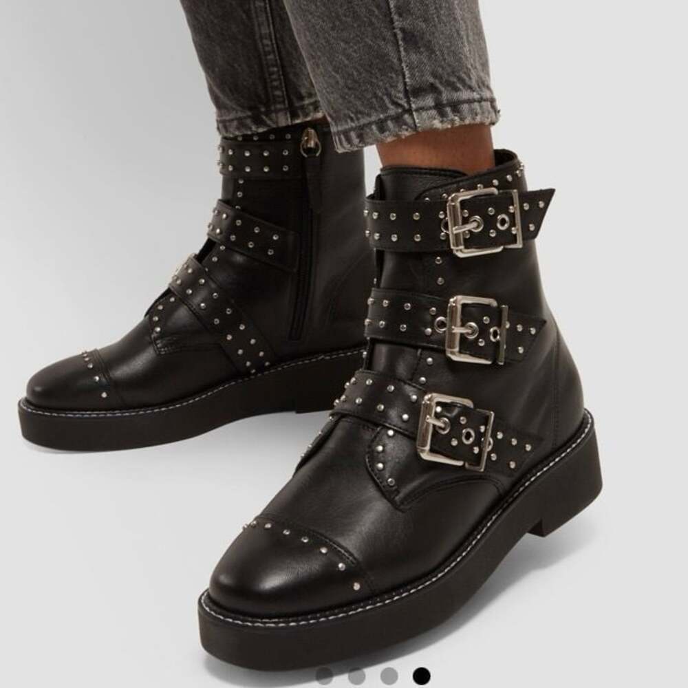Schutz Caligas Black Leather Studded Combat Boots with Buckle Straps